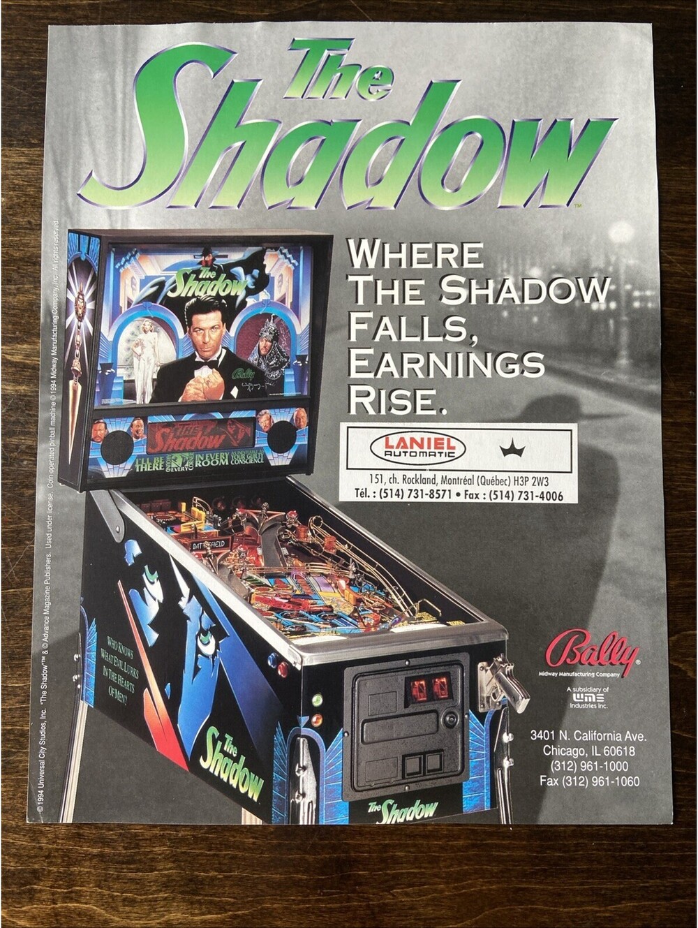 Bally The Shadow Arcade Pinball FLYER Original Ad Promo 1994 Poster Not PCB